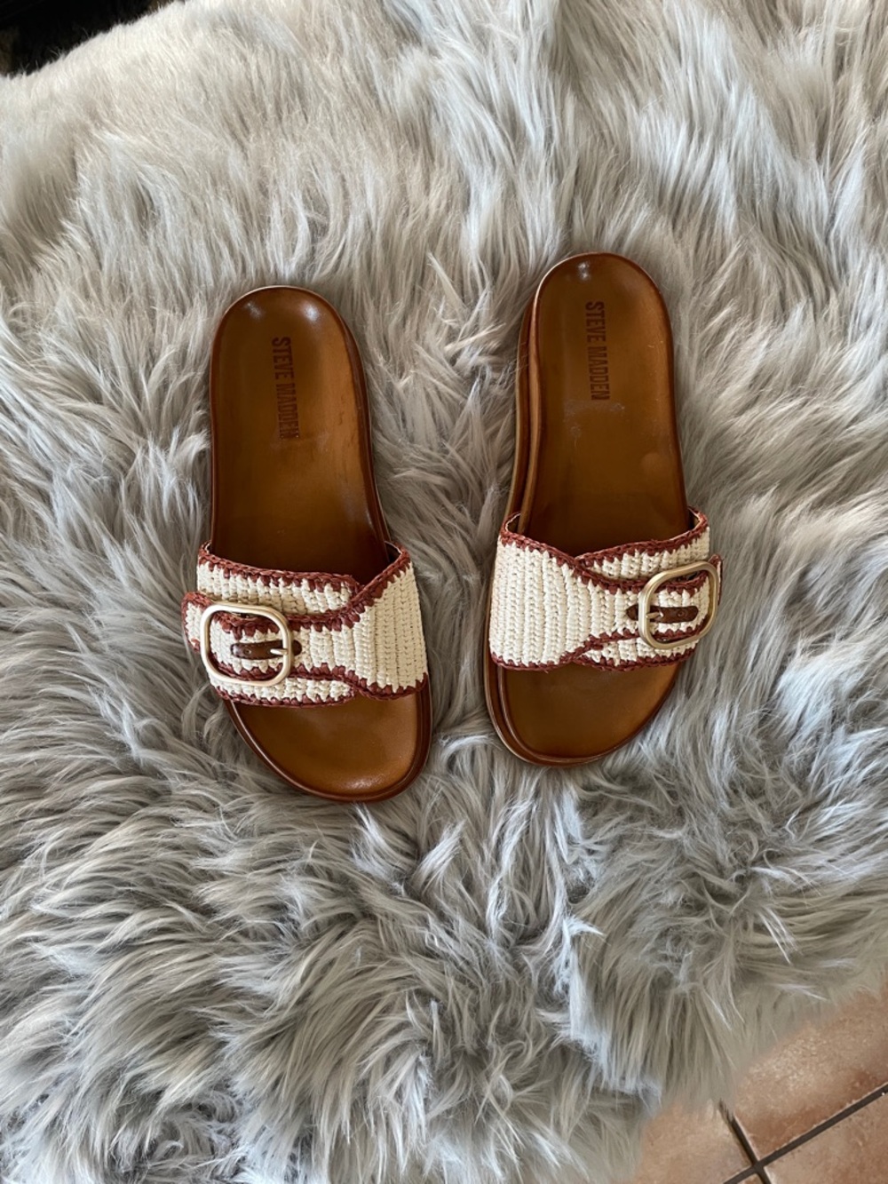 Steve Madden Cream Woven Slide Sandals with Brown Trim & Buckle